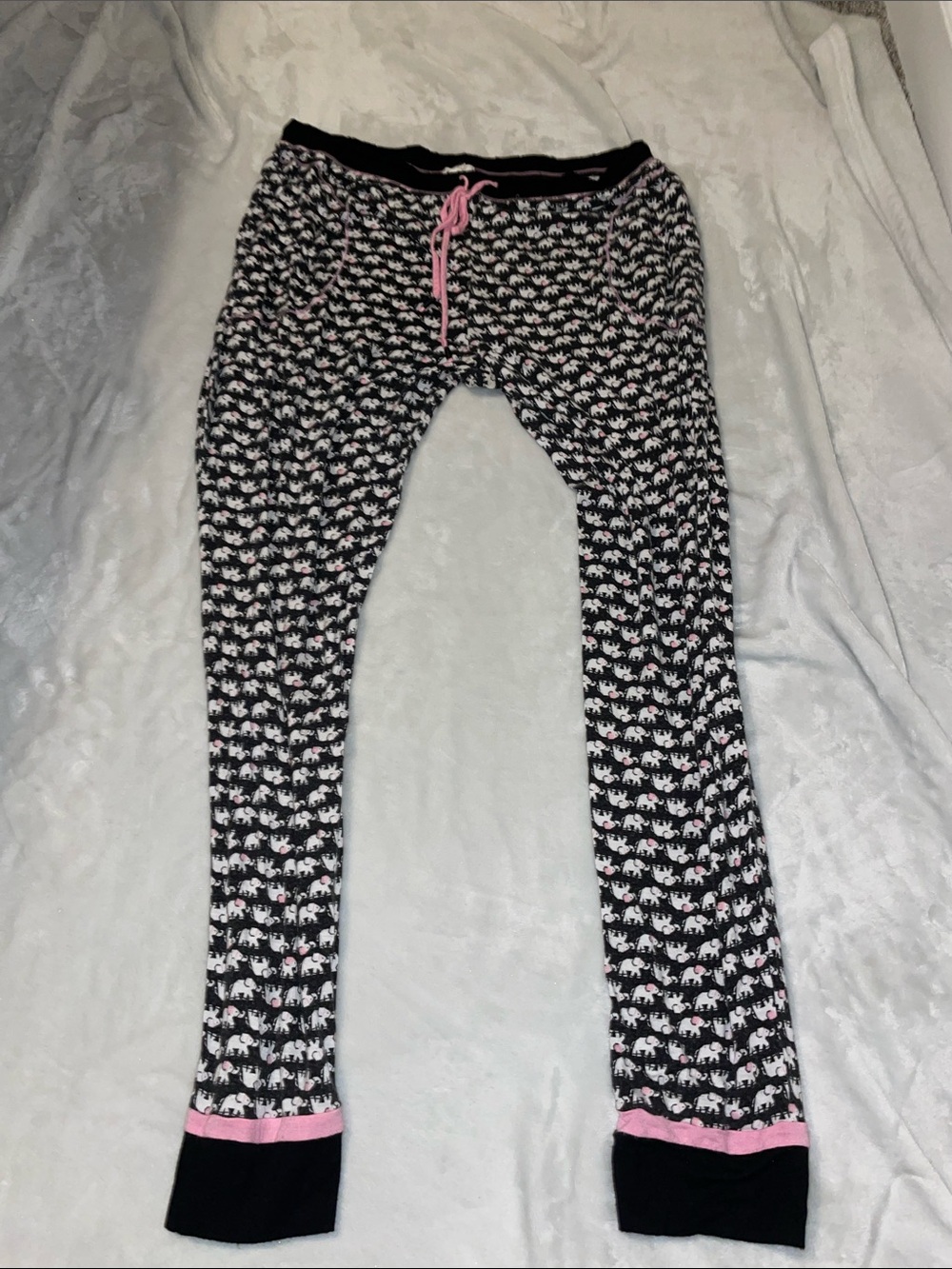 Women’s Black Elephant-Print Pajama Pants with Pink Trim